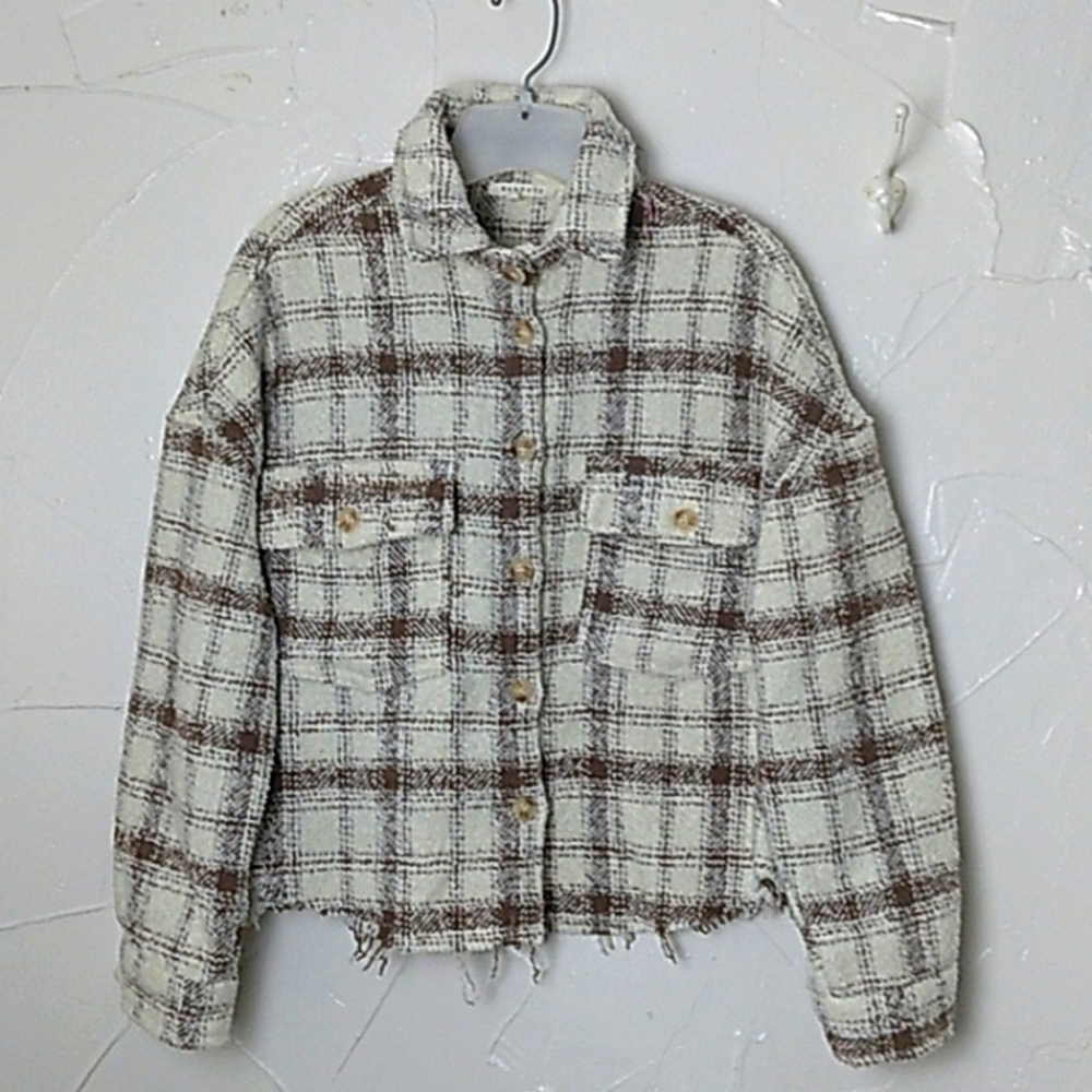 Plaid Oversized‎ Jacket Sz Small Boxy Raw Hem Cabin Girl